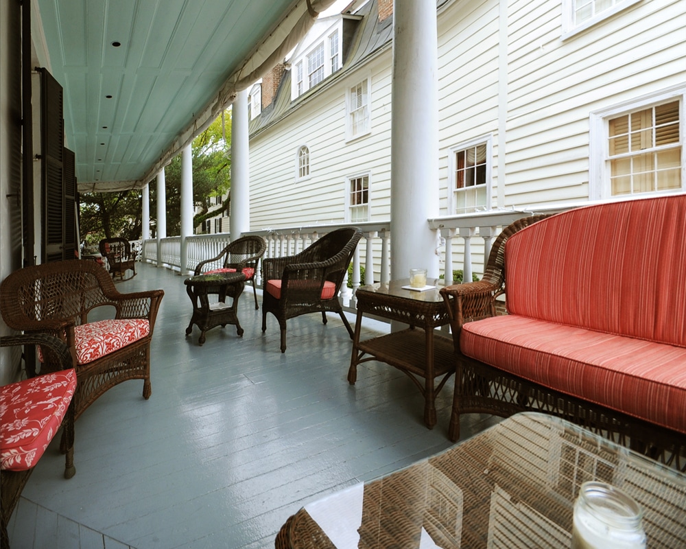 Porch sitting area at 15 Church St Bed & Breakfast in Charleston, SC